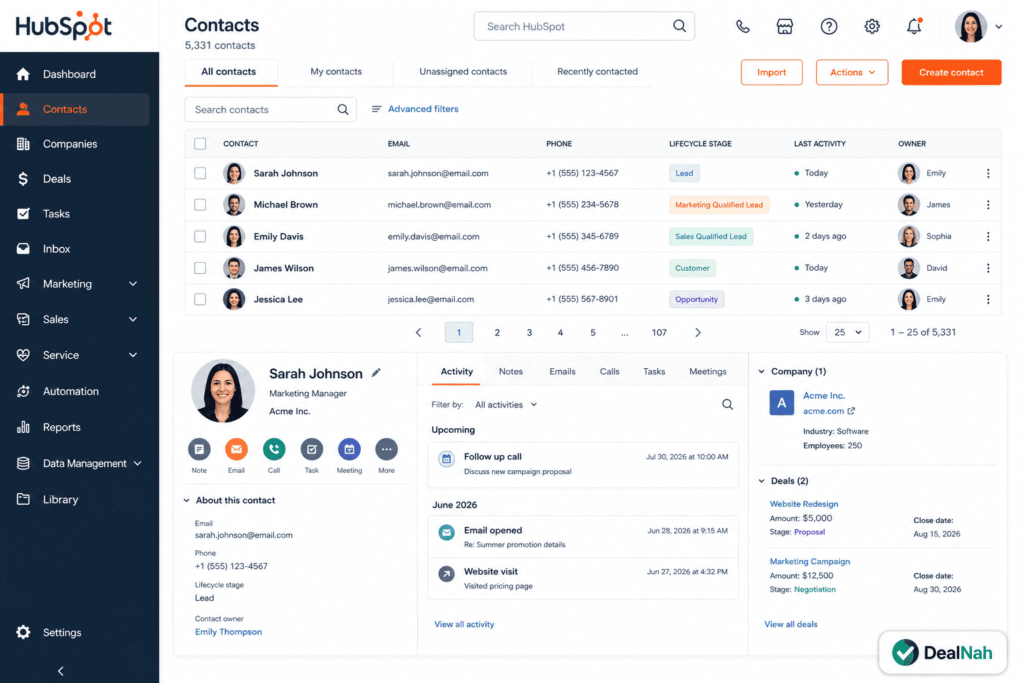 HubSpot CRM zur Verwaltung von Kontakten, Unternehmen und Vertriebsaktivitäten