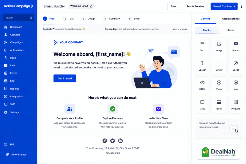 ActiveCampaign Email Builder zum Erstellen professioneller E-Mail-Kampagnen und Newsletter