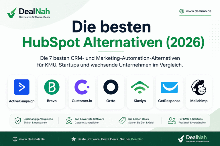 Die besten HubSpot Alternativen 2026 – Vergleich von ActiveCampaign, Brevo, Customer.io, Ortto, Klaviyo, GetResponse und Mailchimp.